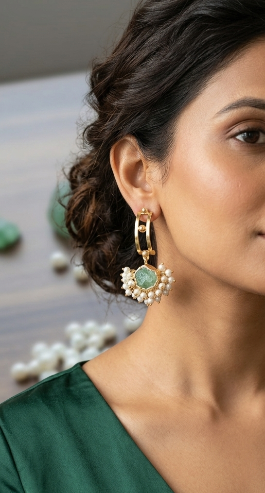 Raw emerald pearl dangles