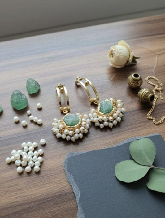 Raw emerald pearl dangles